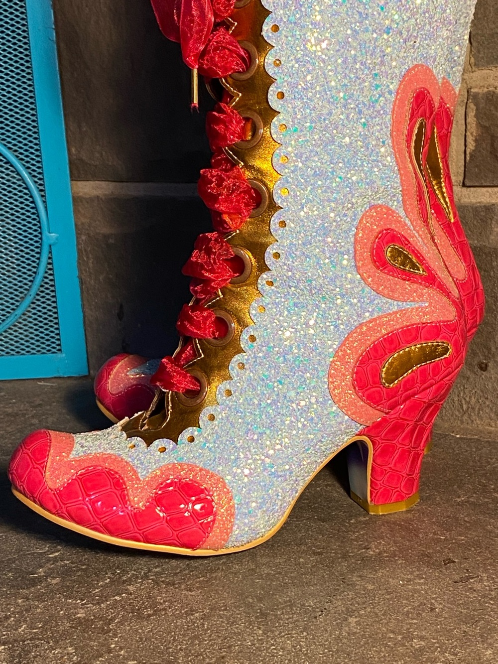 Irregular Choice sparkly Can-Can boots,hot pink patent,sky blue glitter,ribbon - Picture 3 of 16